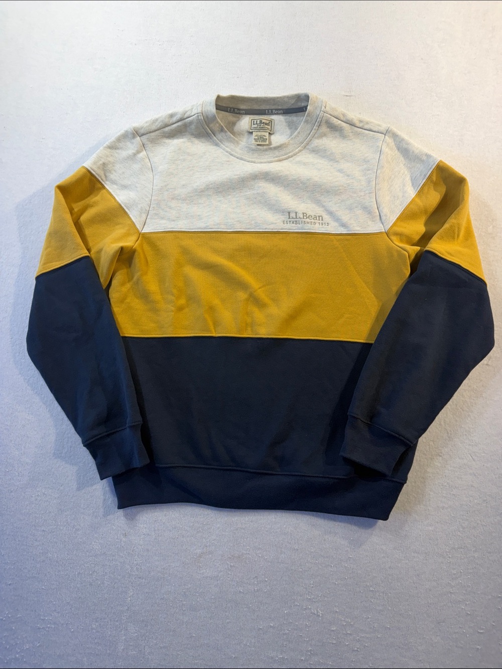 L.L. Bean Men's 1912 Colorblock Crewneck Sweatshirt- Oatmeal, Mustard, Navy